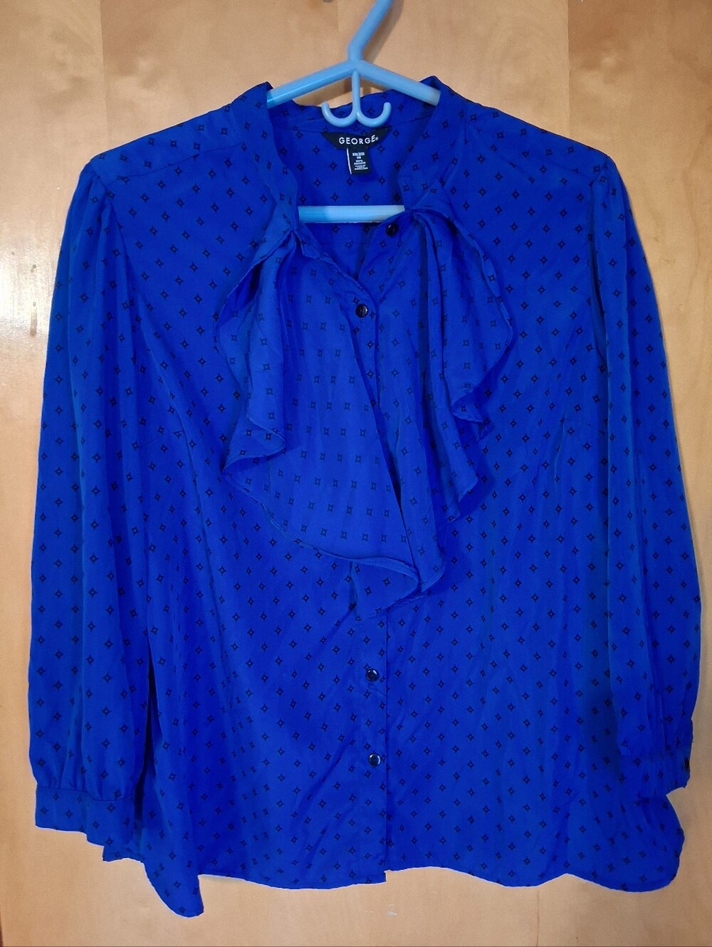 George Royal Blue Ruffle Tie-Neck Blouse with Black Micro Print